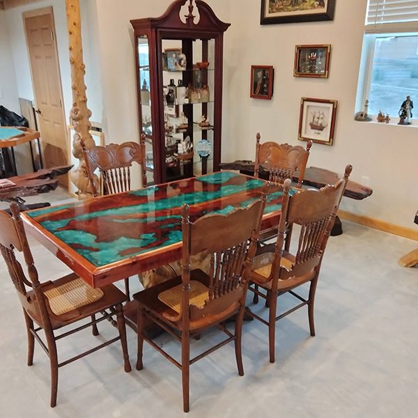 Dining room table with blue resin epoxy